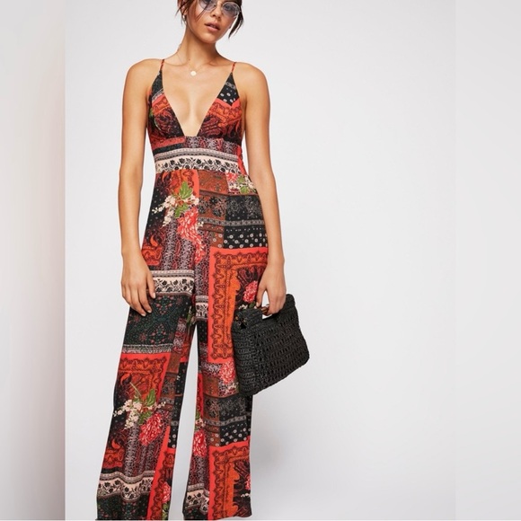 Free People Pants - Free People Red & Black Patchwork Print Wide-Leg Jumpsuit